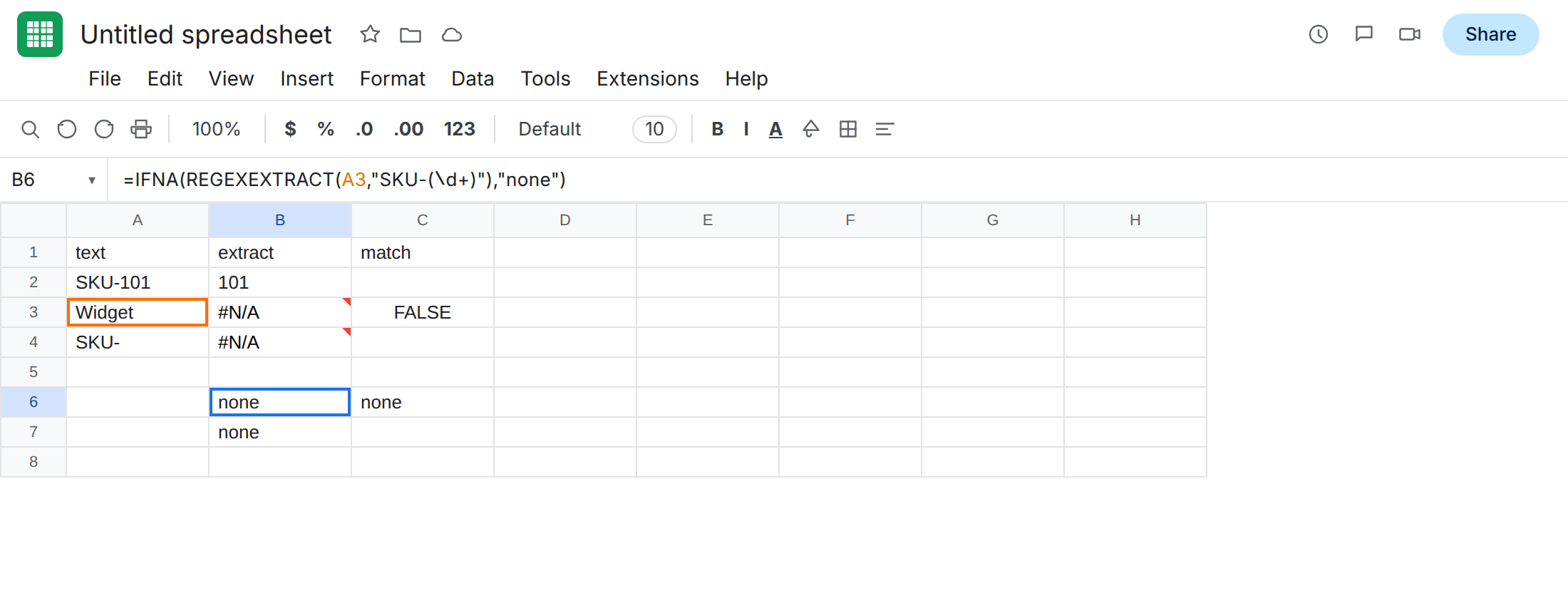 B6 selected. Formula bar shows =IFNA(REGEXEXTRACT(A3,"SKU-(\d+)"),"none"). B6 and B7 are none. B3 and B4 are still #N/A.