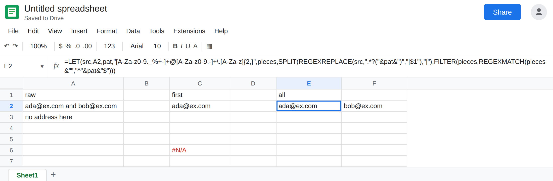 E2 selected. The spill is ada@ex.com and bob@ex.com. C2 remains ada@ex.com. C6 is still #N/A on the cell with no address.