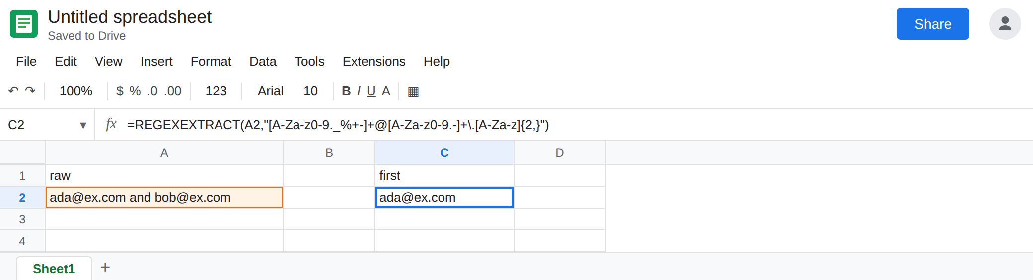 C2 selected. Formula bar shows REGEXEXTRACT of an email pattern. C2 is ada@ex.com. A2 also contains bob@ex.com. No error triangle.