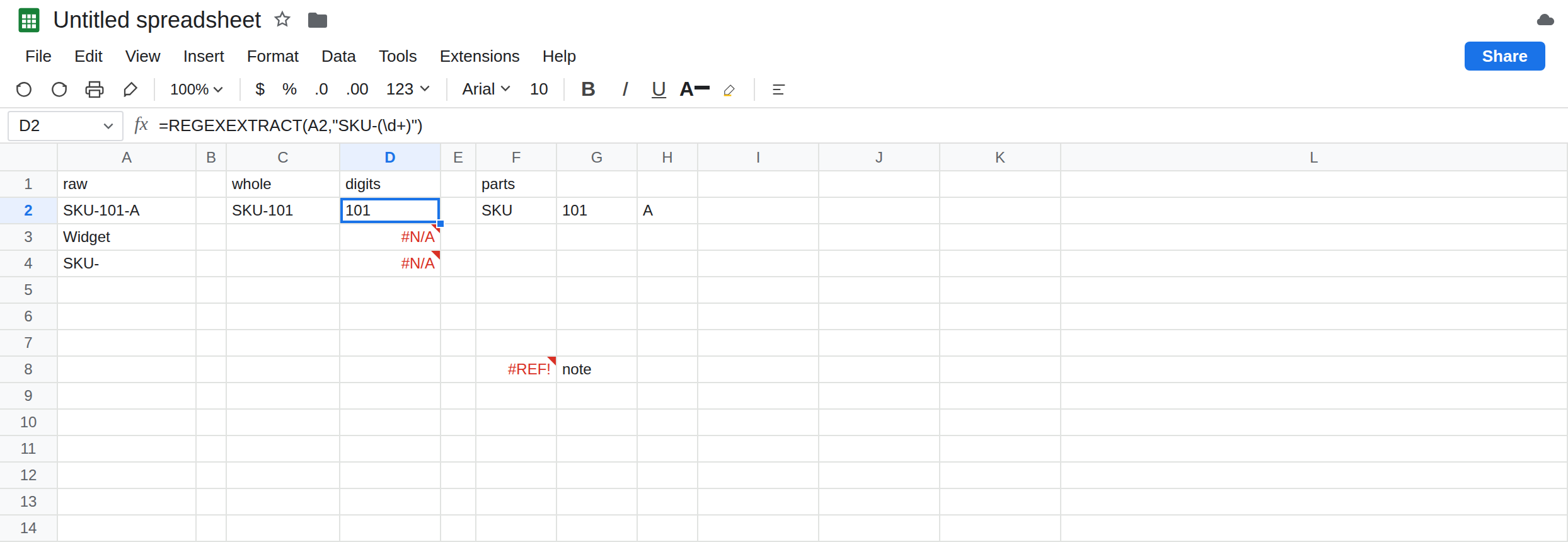 D2 selected. Formula bar shows =REGEXEXTRACT(A2,"SKU-(\d+)"). D2 is 101 with no error triangle. C2 is SKU-101. F2:H2 is still SKU, 101, A. D3 is still #N/A. F8 is still #REF!.
