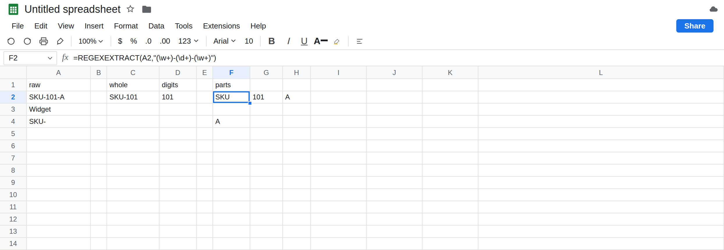 F2 selected. Formula bar shows =REGEXEXTRACT(A2,"(\w+)-(\d+)-(\w+)"). F2 is SKU, G2 is 101, H2 is A. D2 is 101 from a single group. C2 is SKU-101 from a pattern with no groups. A2 is SKU-101-A.