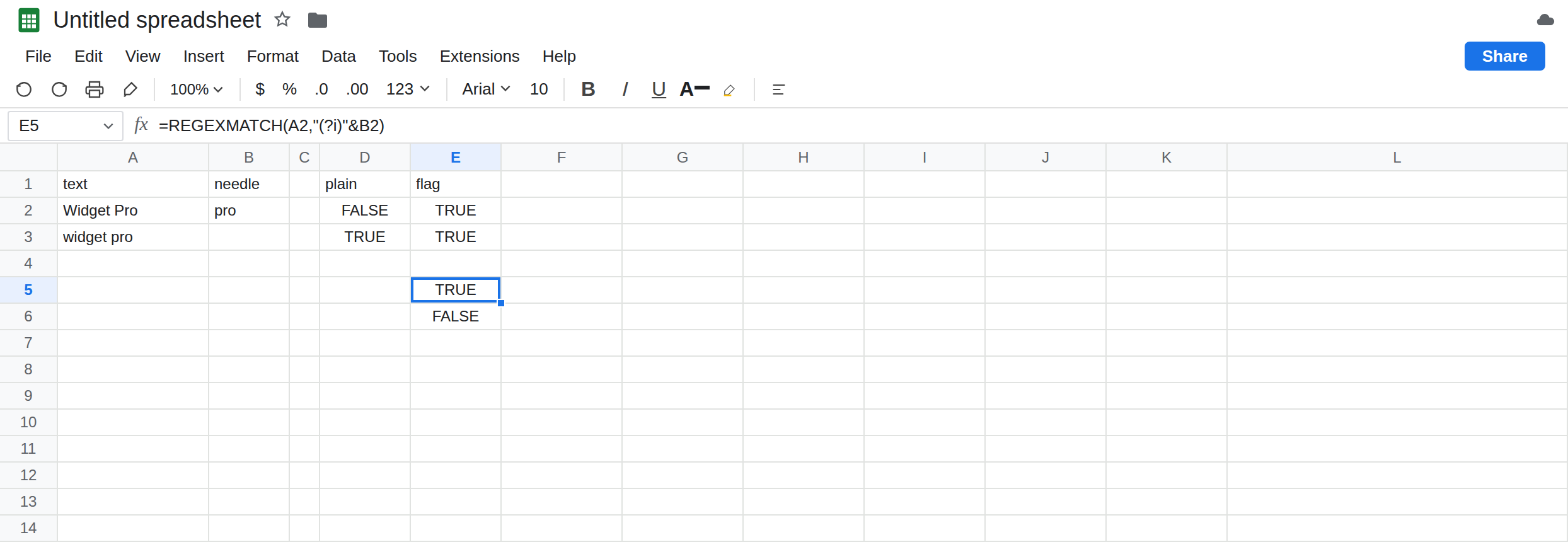 E5 selected. Formula bar shows =REGEXMATCH(A2,"(?i)"&B2). E5 is TRUE. B2 is pro. D2 is still FALSE. E6 is still FALSE from the literal pattern (?i)B2. A2 is Widget Pro.