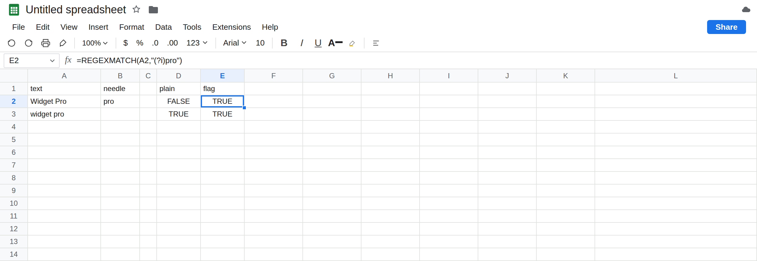 E2 selected. Formula bar shows =REGEXMATCH(A2,"(?i)pro"). E2 is TRUE. D2 is FALSE from REGEXMATCH of pro without the flag. A2 is Widget Pro. B2 is pro.
