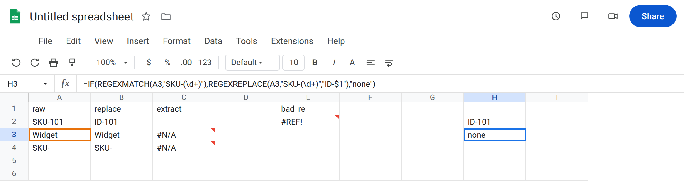 H3 selected. Formula bar shows =IF(REGEXMATCH(A3,"SKU-(\d+)"),REGEXREPLACE(A3,"SKU-(\d+)","ID-$1"),"none"). H3 is none with no error triangle. B3 is still Widget. C3 is still #N/A.