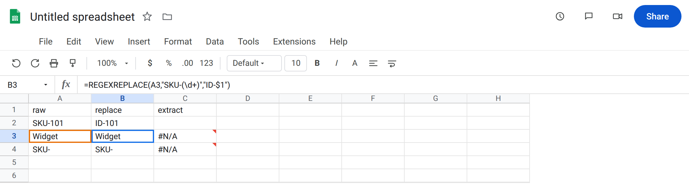 B3 selected. Formula bar shows =REGEXREPLACE(A3,"SKU-(\d+)","ID-$1"). B3 is Widget with no error triangle. A3 is Widget. B2 is ID-101. C3 is #N/A from REGEXEXTRACT.