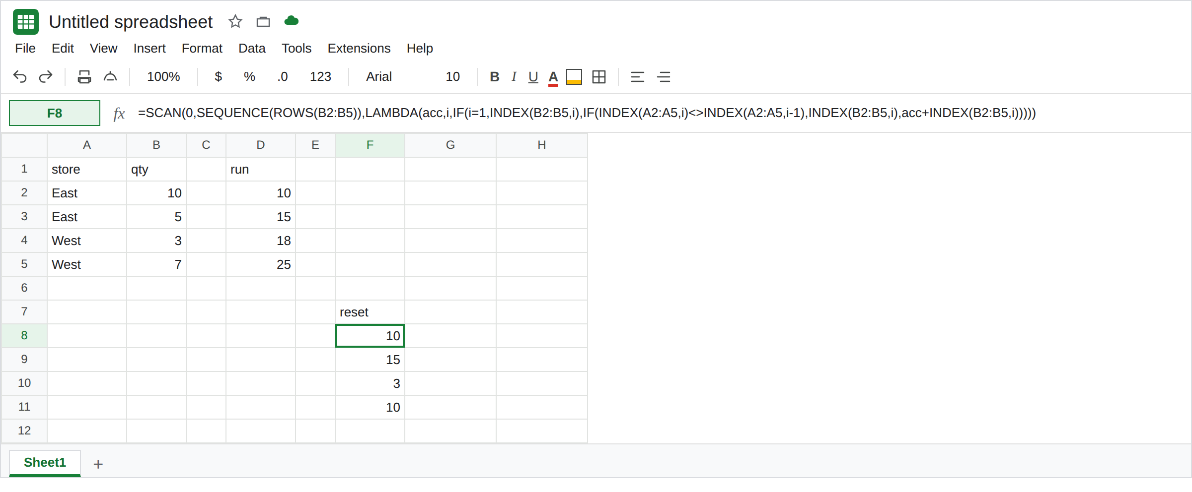 F8 selected. The SCAN walks SEQUENCE of four rows and resets when the store changes. F8:F11 is 10, 15, 3, 10. D2:D5 is still 10, 15, 18, 25.