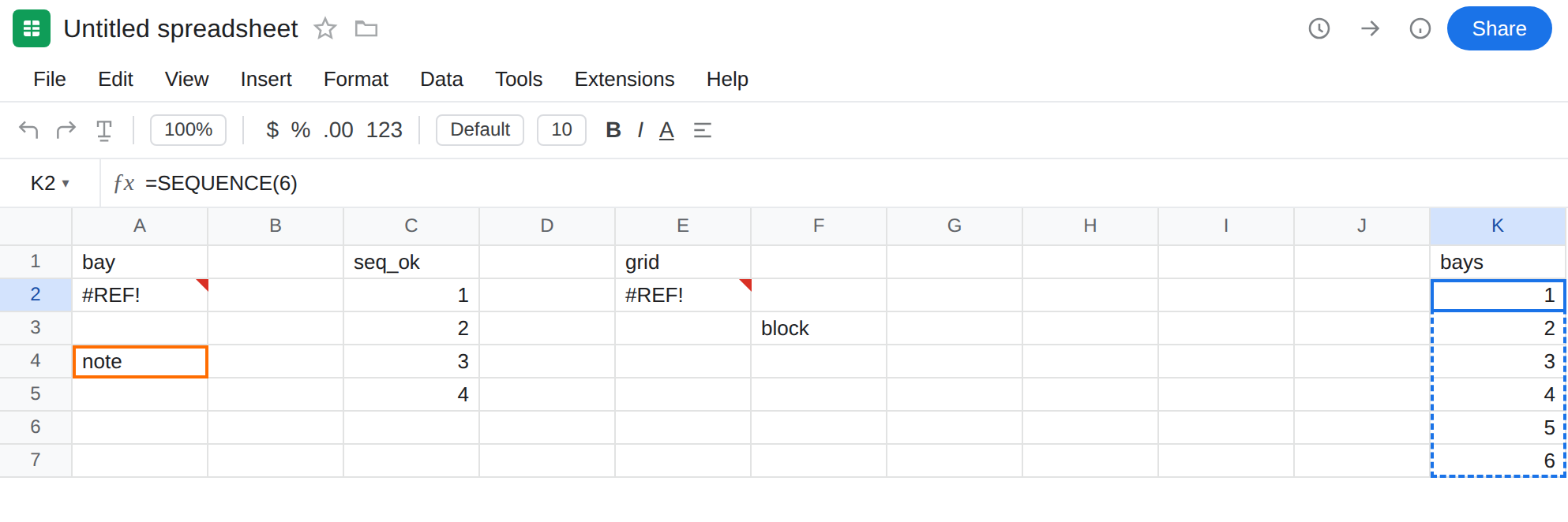 K2 selected. Formula bar shows =SEQUENCE(6). K2:K7 is 1 through 6 with no error triangle. A2 is still #REF!. A4 is still note. C2:C5 is 1 through 4.