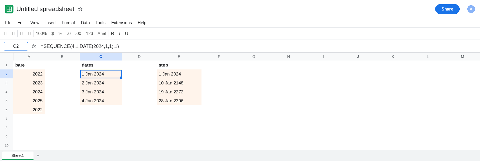C2 selected. Formula bar shows =SEQUENCE(4,1,DATE(2024,1,1),1). C2:C5 are formatted as 1 Jan 2024 through 4 Jan 2024. A2 is still 2022. E2 is the series whose step is a date serial.