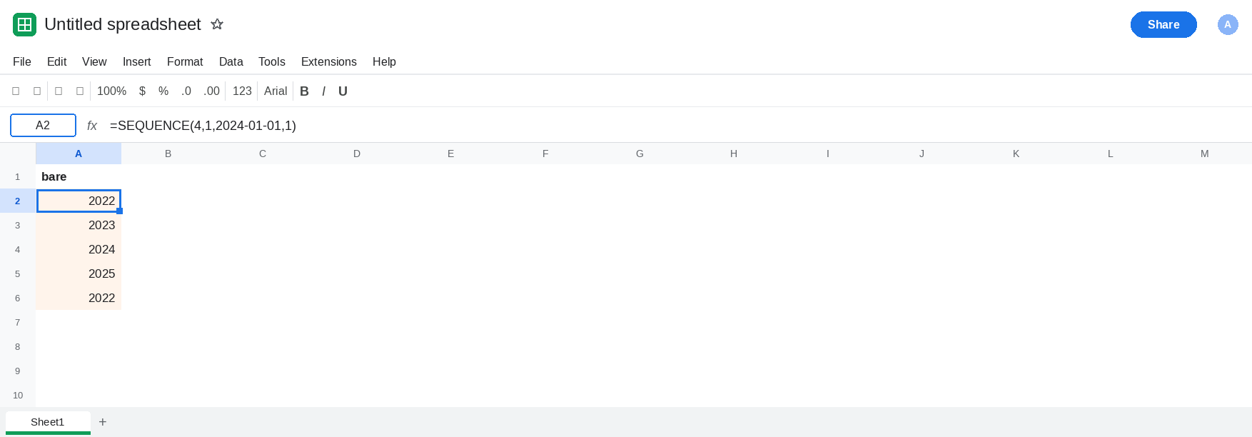 A2 selected. Formula bar shows =SEQUENCE(4,1,2024-01-01,1). A2:A5 is 2022, 2023, 2024, 2025. A6 is 2022 from =2024-01-01. No error triangle.