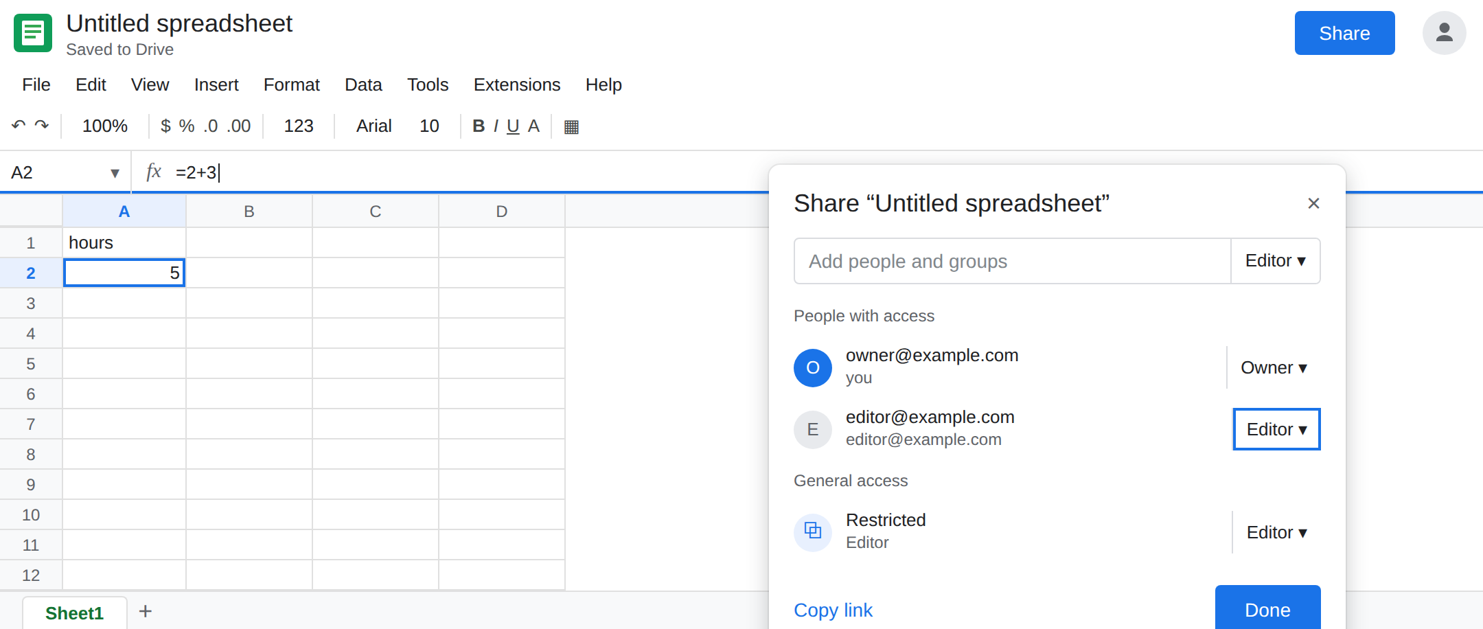 Share dialog with the account set to Editor. The formula bar accepts an edit. A2 shows the new result.