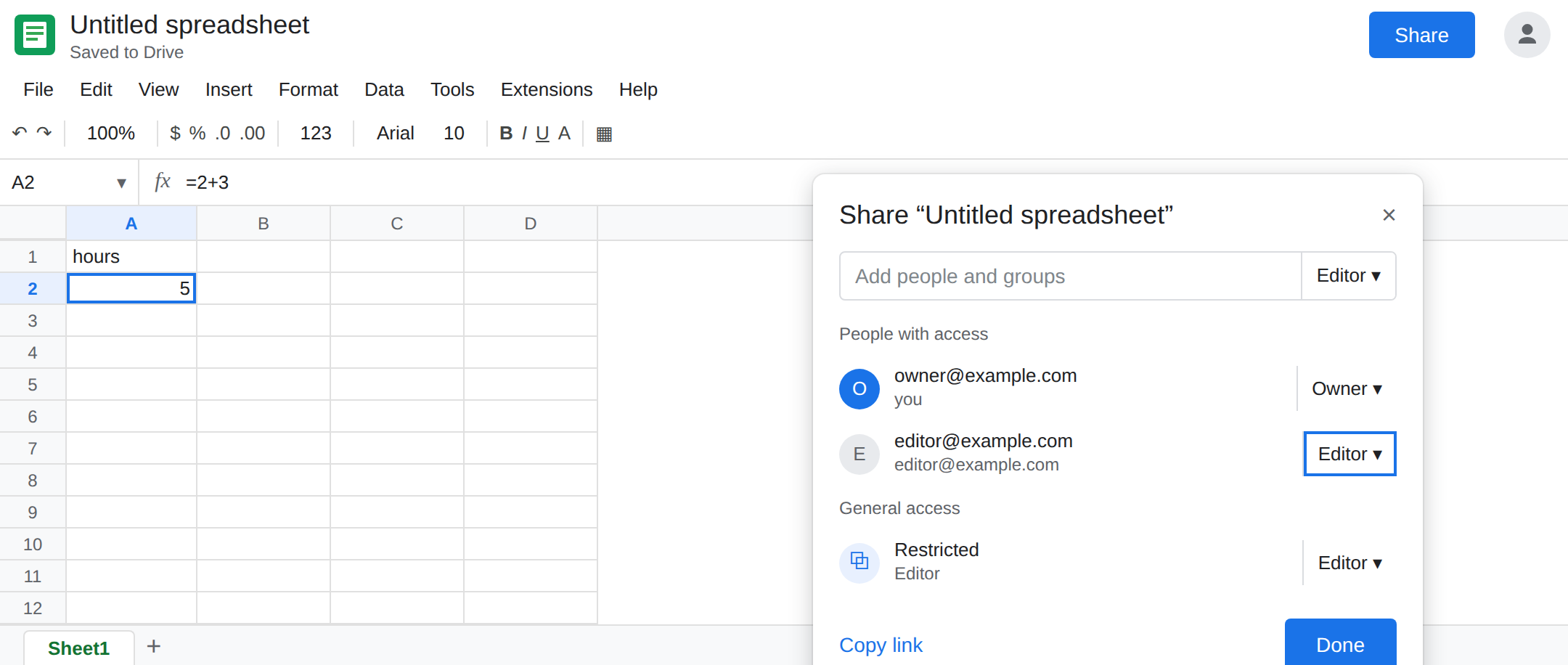Share dialog. The second account is Editor. A2 shows 5 and the formula bar shows =2+3.
