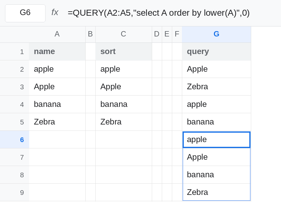 G6 selected. Formula bar shows QUERY select A order by lower(A). Zebra sorts with the Zs, after banana. G2 still shows Apple, Zebra, apple, banana from a case-sensitive order by.