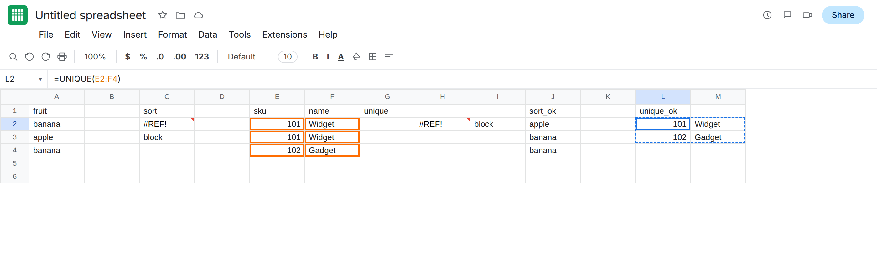 L2 selected. Formula bar shows =UNIQUE(E2). L2 is a two-column spill: 101 Widget, then 102 Gadget. J2 is apple, banana, banana. C2 and H2 are still #REF!.