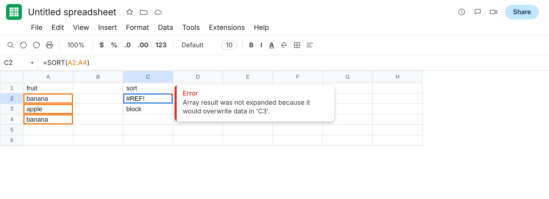 C2 selected. Formula bar shows =SORT(A2). C2 is #REF!. C3 is block. Tooltip: Array result was not expanded because it would overwrite data in 'C3'.
