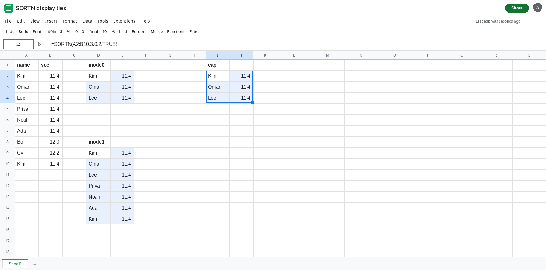 I2 selected. Formula bar shows =SORTN(A2:B10,3,0,2,TRUE). The spill is three rows. D9 still shows the longer mode 1 spill of 11.4 rows.