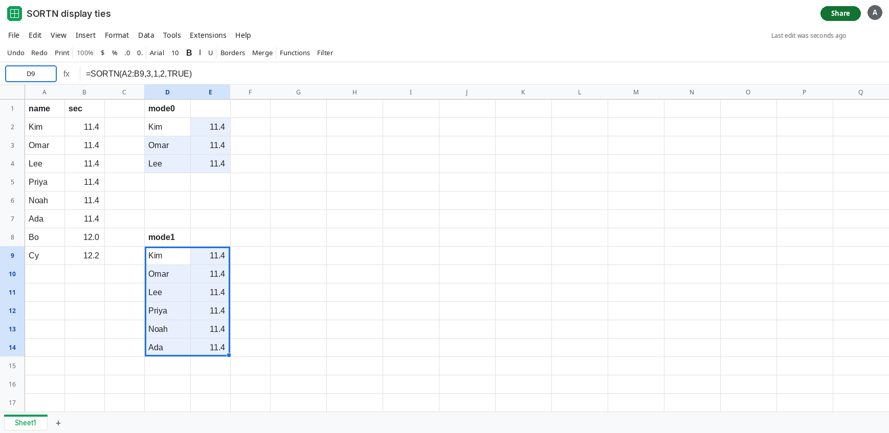 D9 selected. Formula bar shows =SORTN(A2:B9,3,1,2,TRUE). The spill is six rows, all with sec 11.4. D2 from mode 0 is only three rows. n in both formulas is 3.