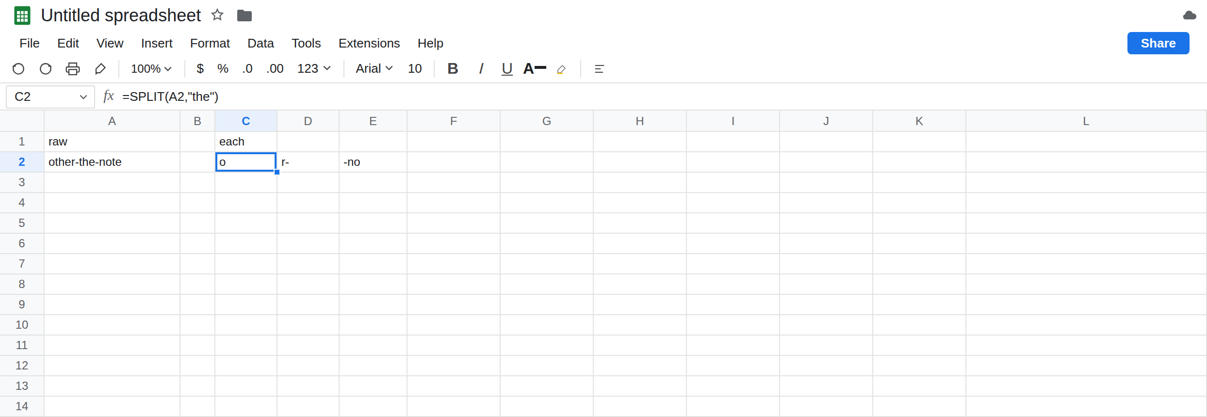 C2 selected. Formula bar shows =SPLIT(A2,"the"). Spill is o, r-, -no. A2 is other-the-note. No error triangle.
