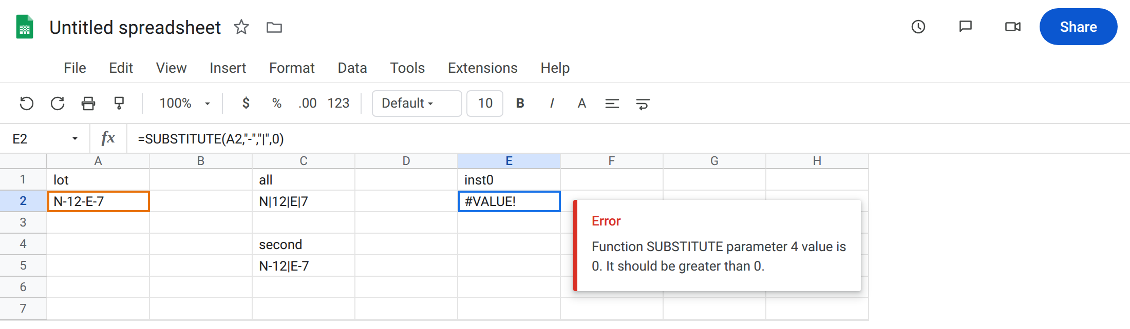 E2 selected. Formula bar shows =SUBSTITUTE(A2,"-","|",0). E2 is #VALUE!. Tooltip: Function SUBSTITUTE parameter 4 value is 0. It should be greater than 0. A2 is N-12-E-7. C2 is N|12|E|7. C5 is N-12|E-7.
