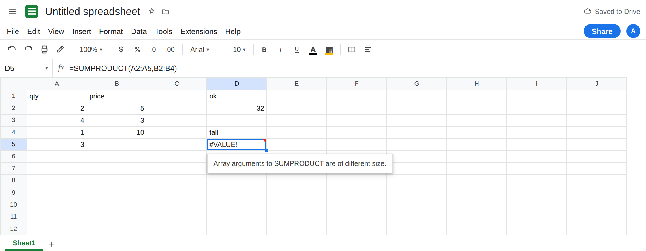 D5 selected. Formula bar shows =SUMPRODUCT(A2:A5,B2:B4). D5 is #VALUE!. Tooltip: Array arguments to SUMPRODUCT are of different size. D2 is 32. A5 is 3. B5 is blank.