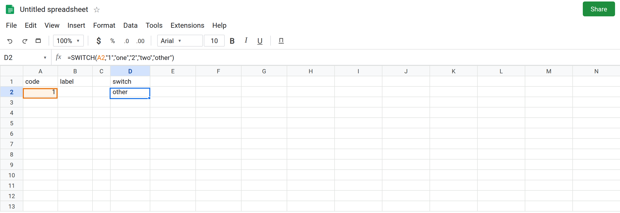 D2 selected. Formula bar shows =SWITCH(A2,"1","one","2","two","other"). D2 is other. A2 is the number 1. No error triangle.