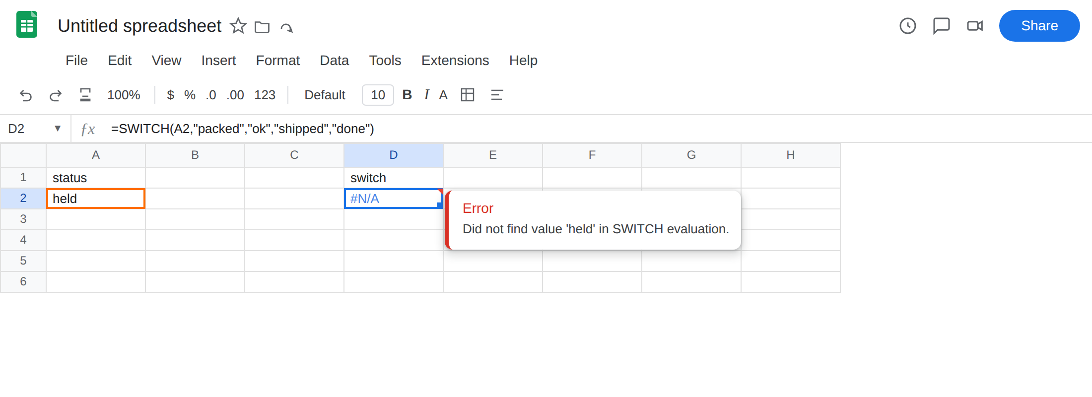 D2 selected. Formula bar shows =SWITCH(A2,"packed","ok","shipped","done"). D2 is #N/A. Tooltip: Did not find value 'held' in SWITCH evaluation. A2 is held.