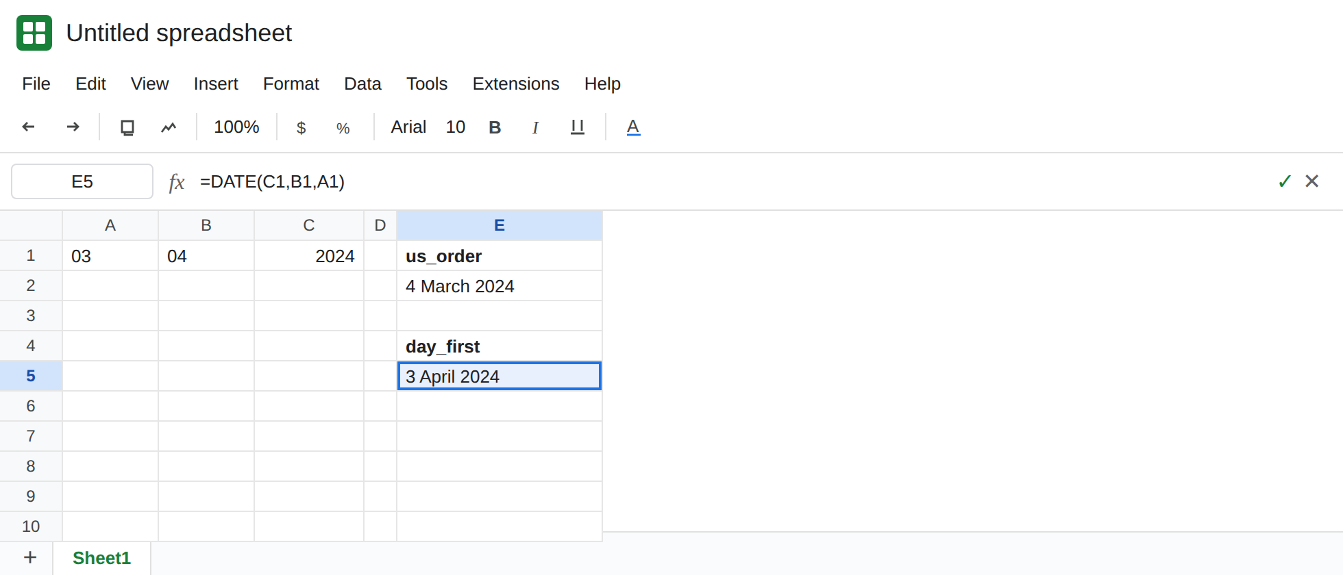 E5 selected. Formula bar shows =DATE(C1,B1,A1). E5 is 3 April 2024. E2 is 4 March 2024 from =DATE(C1,A1,B1). A1:C1 is 03, 04, 2024.
