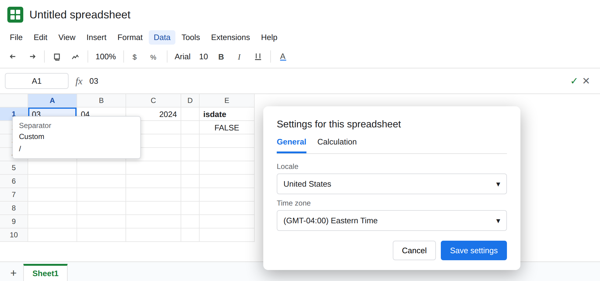 A1 is 03, B1 is 04, C1 is 2024 after Data, Split text to columns on a custom slash. The separator box is visible. ISDATE of A1 is FALSE. Locale is United States.