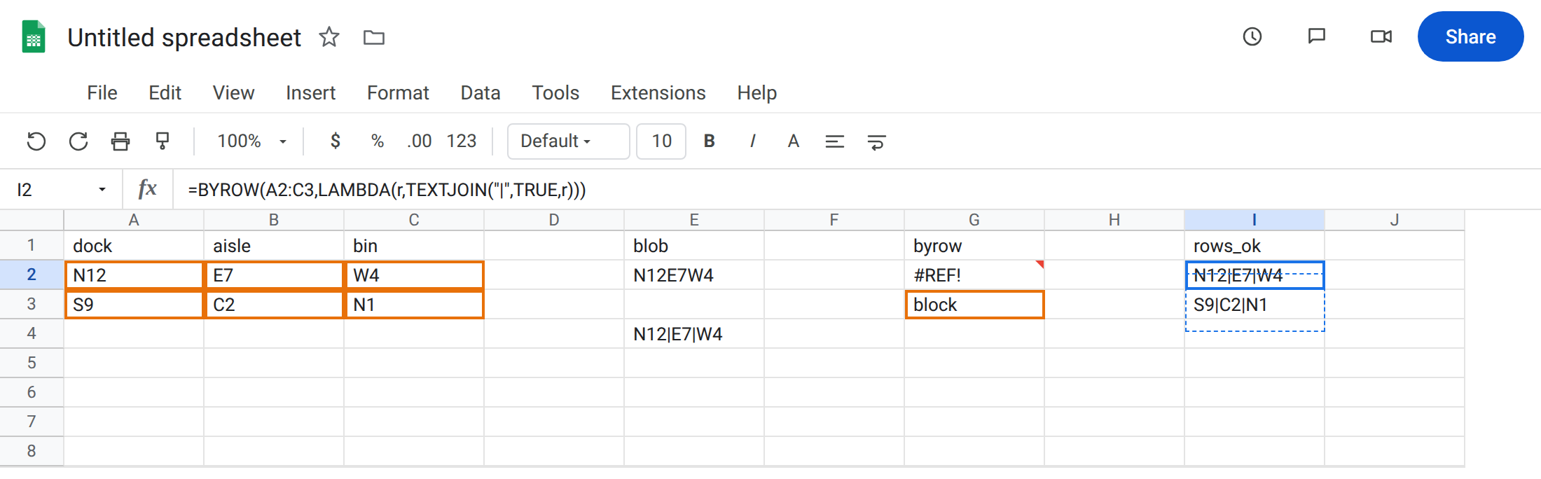 I2 selected. Formula bar shows =BYROW(A2:C3,LAMBDA(r,TEXTJOIN("|",TRUE,r))). I2:I3 is N12|E7|W4 and S9|C2|N1 with no error triangle. G2 is still #REF!. E2 is still N12E7W4.