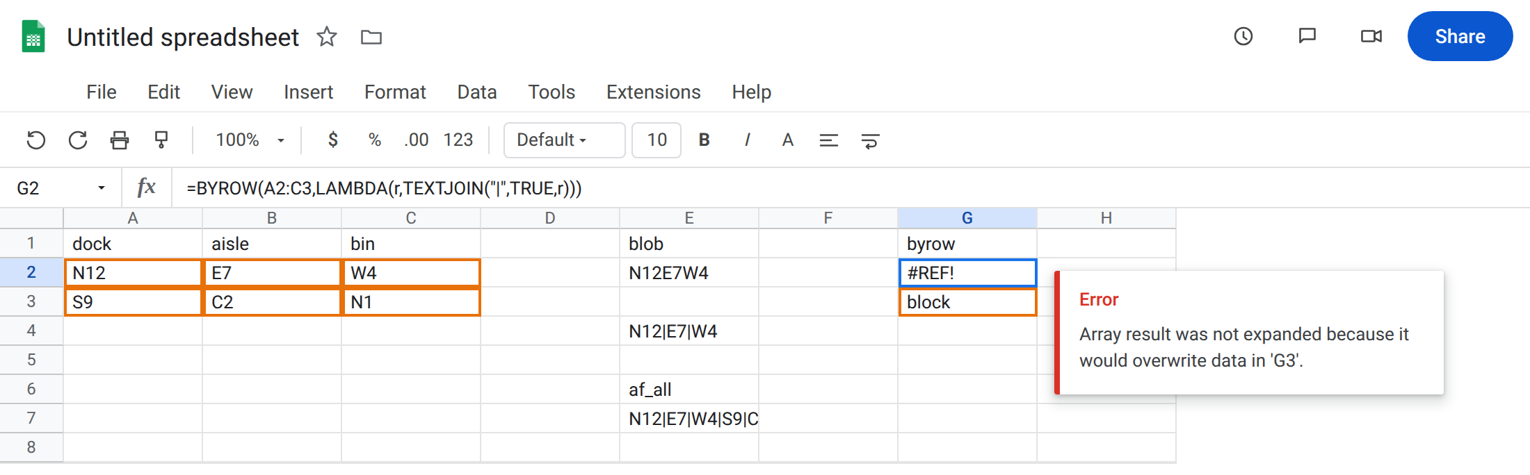 G2 selected. Formula bar shows =BYROW(A2:C3,LAMBDA(r,TEXTJOIN("|",TRUE,r))). G2 is #REF!. Tooltip: Array result was not expanded because it would overwrite data in 'G3'. G3 is block. E4 is N12|E7|W4.