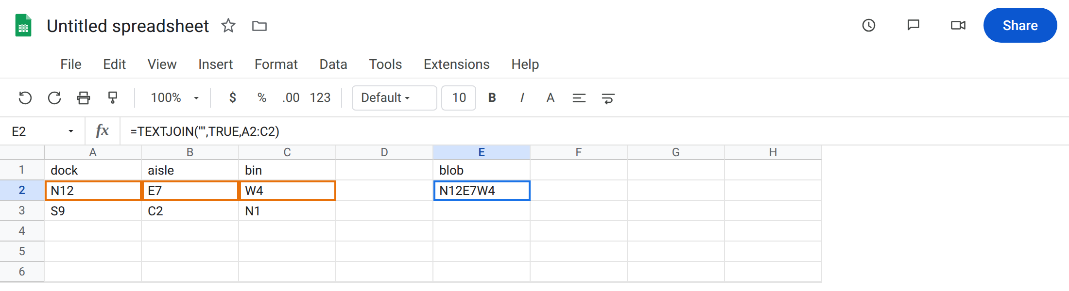 E2 selected. Formula bar shows =TEXTJOIN("",TRUE,A2:C2). E2 is N12E7W4 with no error triangle. A2:C2 is N12, E7, W4.