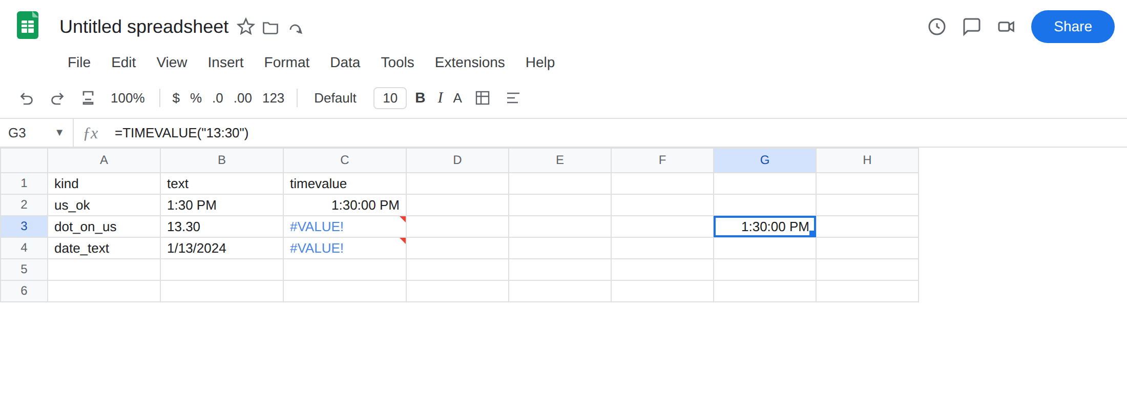 G3 selected. Formula bar shows =TIMEVALUE("13:30"). G3 is 1:30:00 PM with no error triangle. C3 is still #VALUE!. Locale United States.