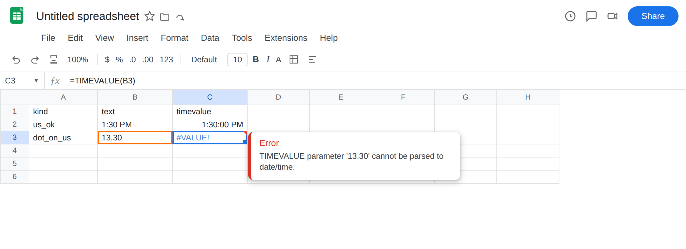 C3 selected. Formula bar shows =TIMEVALUE(B3). C3 is #VALUE!. Tooltip: TIMEVALUE parameter '13.30' cannot be parsed to date/time. B3 is text 13.30. C2 is still 1:30:00 PM.