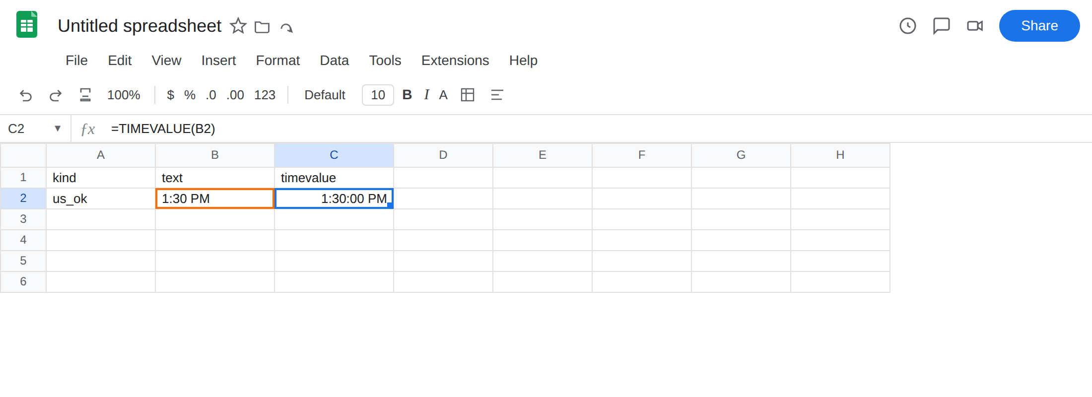 C2 selected. Formula bar shows =TIMEVALUE(B2). C2 is 1:30:00 PM as a time with no error triangle. B2 is text 1:30 PM. Locale United States.