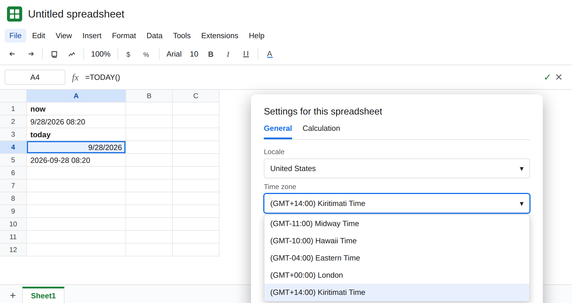 A4 selected. Formula bar shows =TODAY(). File, Settings, Time zone is open on a zone many hours from the previous one. A5 shows a yyyy-mm-dd hh:mm text value from NOW. The spreadsheet time zone label is visible.
