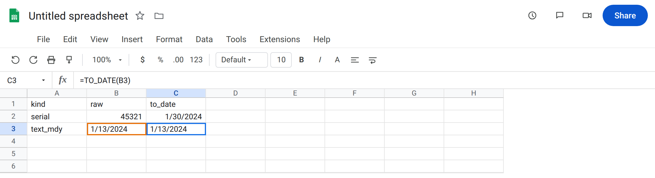 C3 selected. Formula bar shows =TO_DATE(B3). C3 is still text 1/13/2024 with no error triangle. ISTEXT is TRUE. B3 has a leading apostrophe. C2 is a real date from serial 45321.