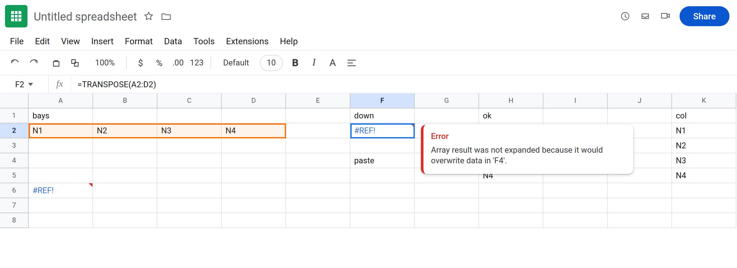 F2 selected. Formula bar shows =TRANSPOSE(A2:D2). F2 is #REF!. Tooltip: Array result was not expanded because it would overwrite data in F4. F4 is paste. A2:D2 is N1 N2 N3 N4.
