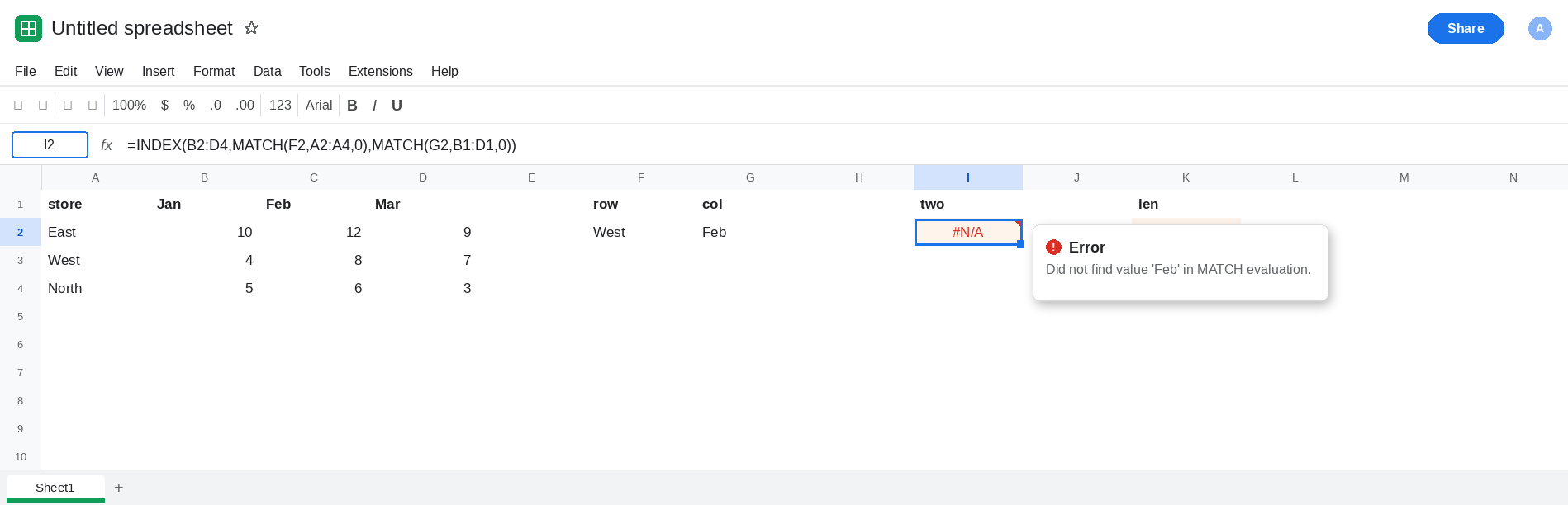 I2 selected. Formula bar shows INDEX of B2:D4 with MATCH of West on A2:A4 and MATCH of Feb on B1:D1. I2 is #N/A. C1 is Feb with a trailing space. C3 is 8. No other error.
