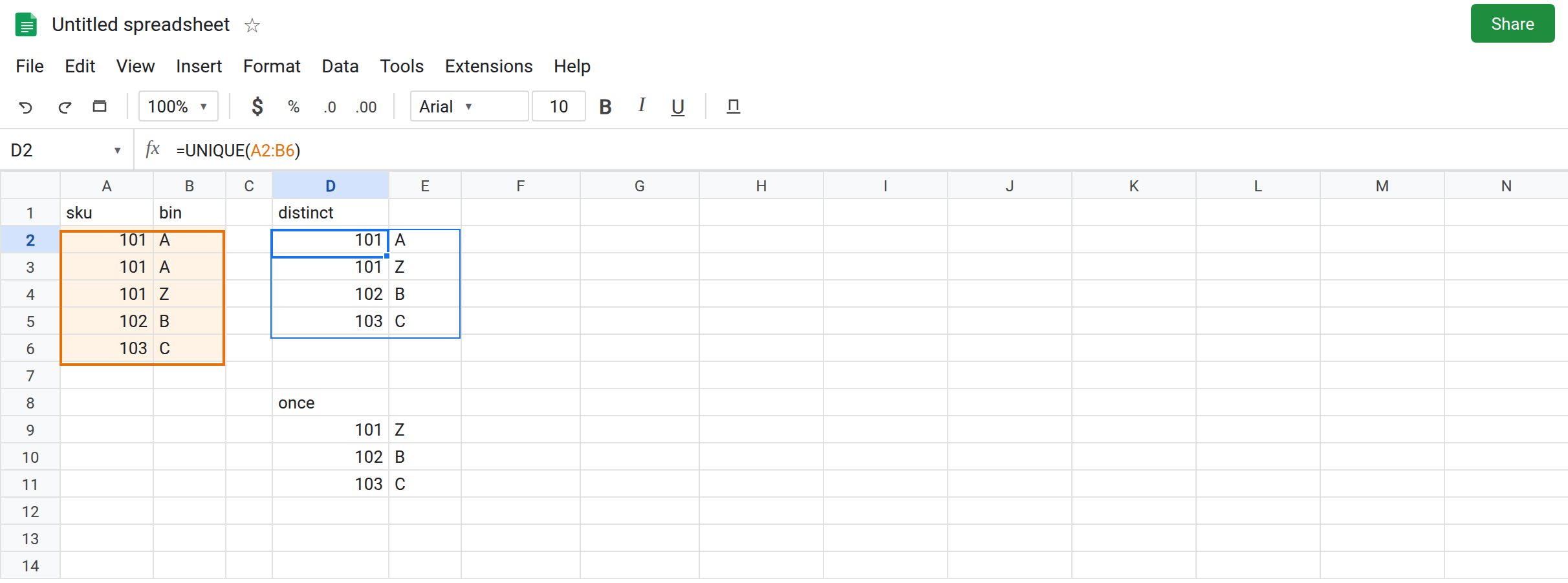D2 selected. Formula bar shows =UNIQUE(A2:B6). Spill includes 101/A, 101/Z, 102/B, 103/C with no error triangle. D9 still omits 101/A because exactly_once is TRUE.