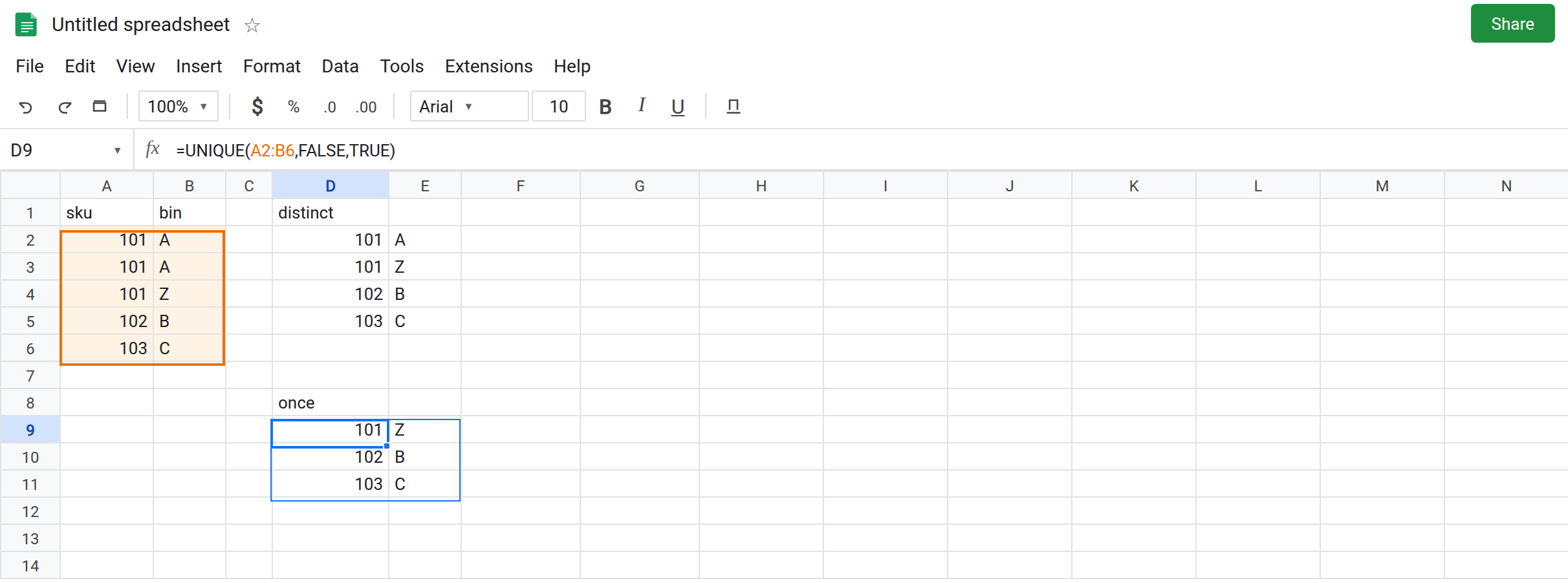 D9 selected. Formula bar shows =UNIQUE(A2:B6,FALSE,TRUE). Spill is 101/Z, 102/B, 103/C. 101/A is absent. D2 still shows 101/A once. A2 and A3 are both 101 and A.