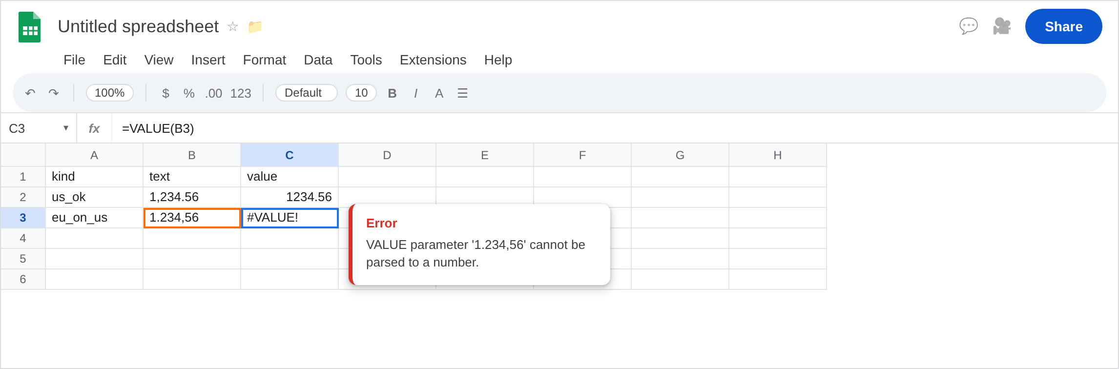 C3 selected. Formula bar shows =VALUE(B3). C3 is #VALUE!. Tooltip: VALUE parameter '1.234,56' cannot be parsed to a number. B3 is text 1.234,56. C2 is 1234.56 from 1,234.56. Locale United States.