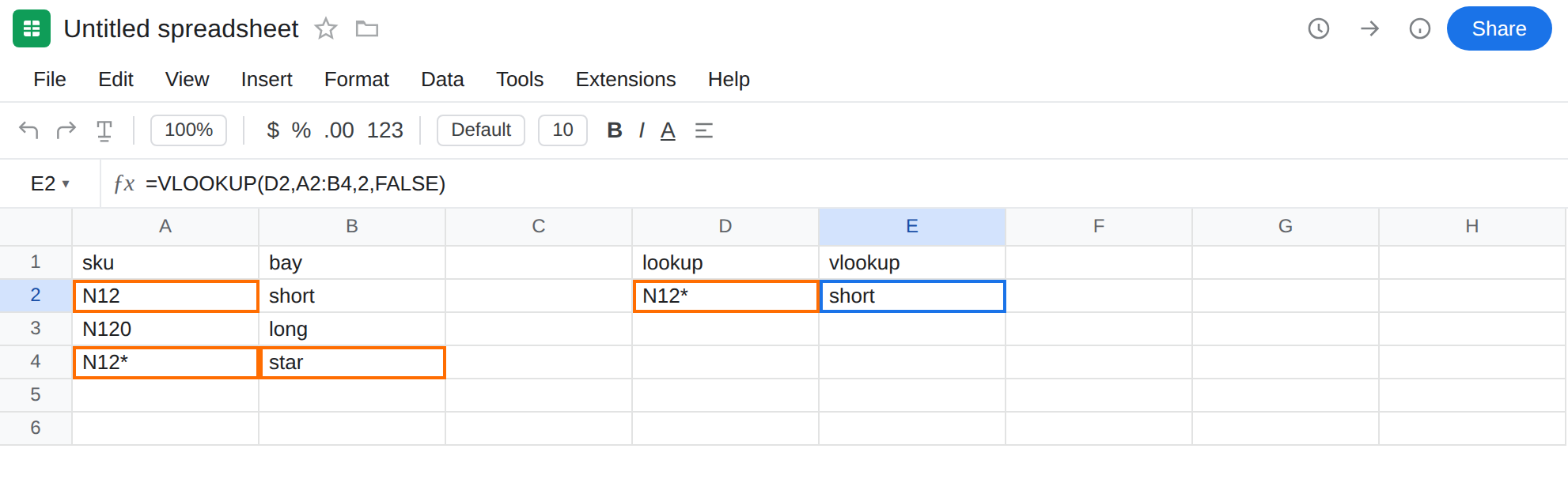 E2 selected. Formula bar shows =VLOOKUP(D2,A2:B4,2,FALSE). E2 is short with no error triangle. D2 is N12*. A2 is N12, A4 is N12*. B4 is star.