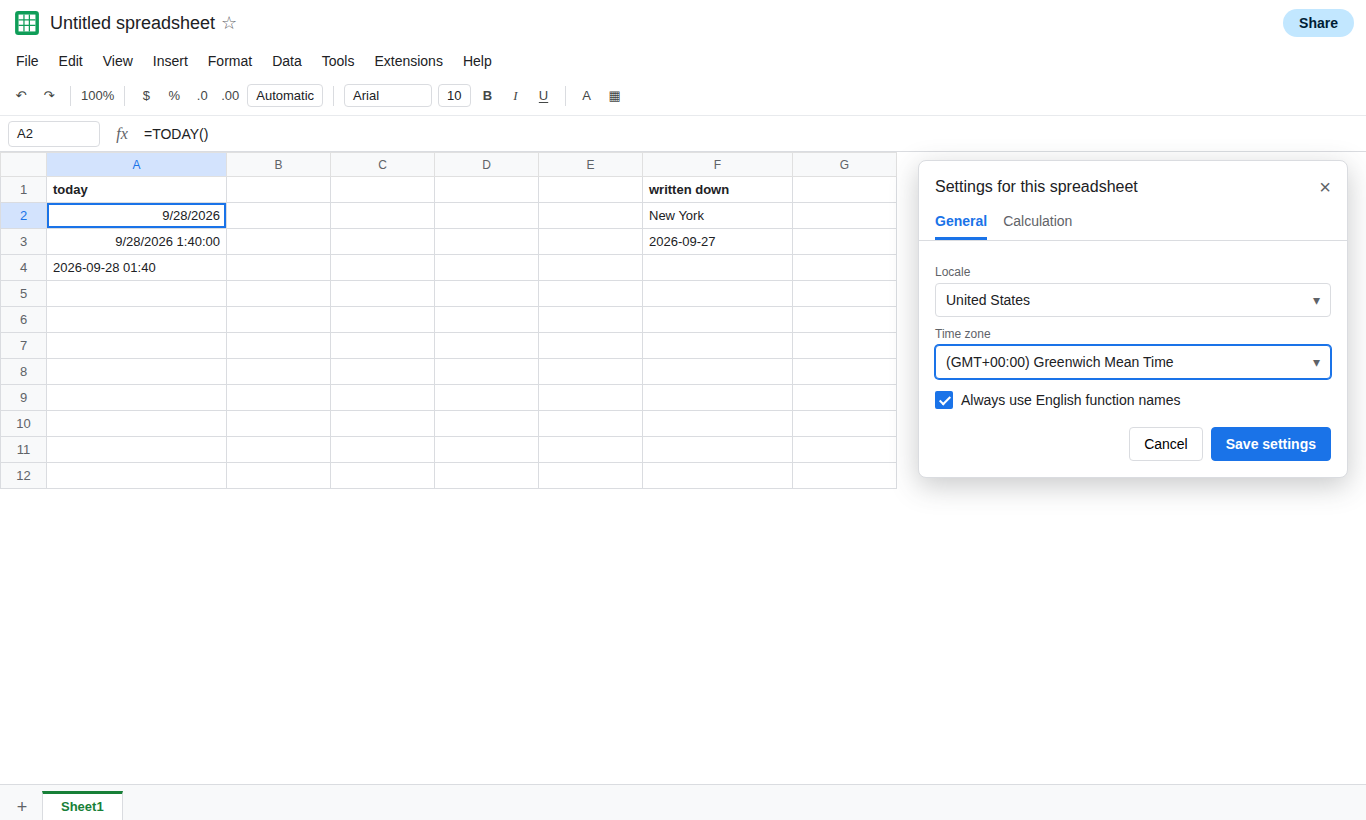 A2 is =TODAY(). A4 is TEXT of NOW as yyyy-mm-dd hh:mm. File, Settings, Time zone is a GMT or UTC zone, and the date differs from the business zone you wrote down. Locale is unchanged.