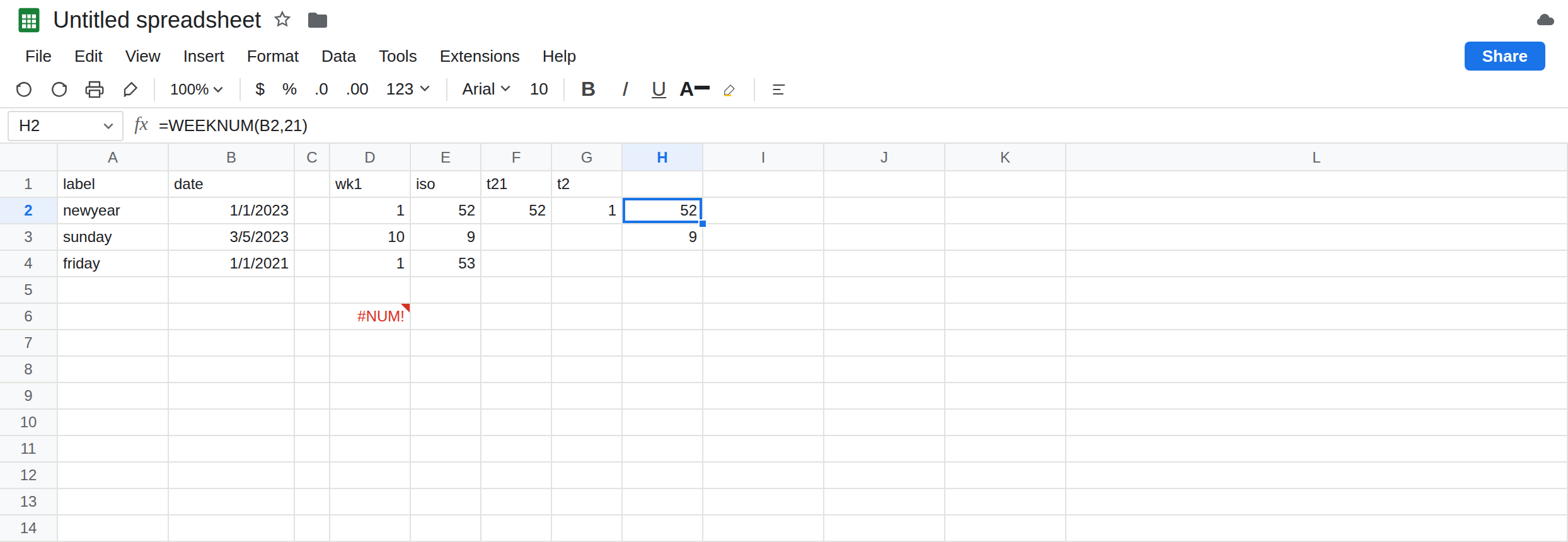 H2 selected. Formula bar shows =WEEKNUM(B2,21). H2 is 52. E2 is 52 from ISOWEEKNUM. D2 is still 1 from WEEKNUM type 1. G2 is still 1 from type 2. D6 is still #NUM!.