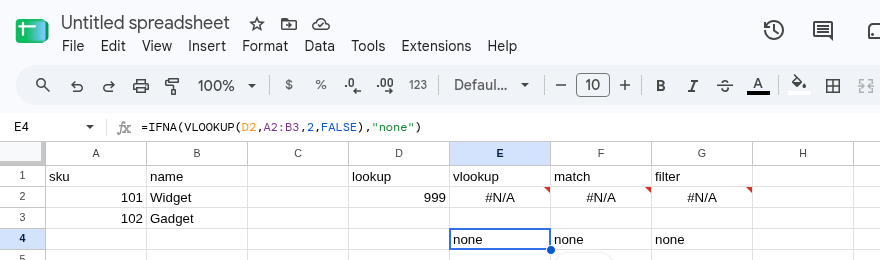 E4 selected. Formula bar shows =IFNA(VLOOKUP(D2,A2,2,FALSE),"none"). E4, F4, and G4 are none. E2, F2, and G2 are still #N/A.