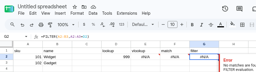 E2, F2, and G2 are #N/A from VLOOKUP, MATCH, and FILTER. D2 is 999. A2 is 101/Widget and 102/Gadget.