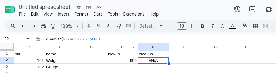 E2 selected. Formula bar shows =VLOOKUP(D2,A2,2,FALSE). E2 is #N/A. Tooltip: Did not find value '999' in VLOOKUP evaluation.