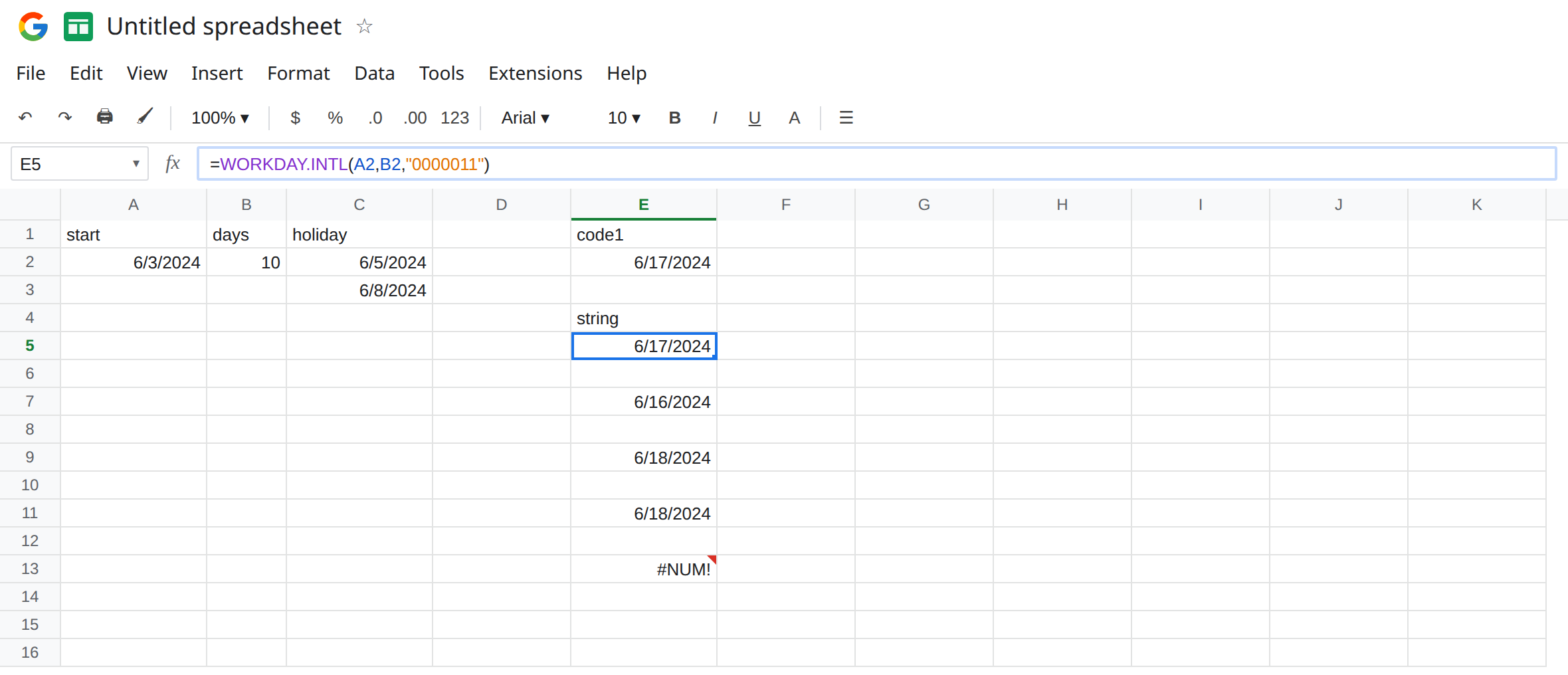 E5 selected. Formula bar shows =WORKDAY.INTL(A2,B2,"0000011"). E5 is 6/17/2024 with no error triangle. E7 is still 6/16/2024 from string 1100000. E9 is 6/18/2024 because of the Wednesday holiday.