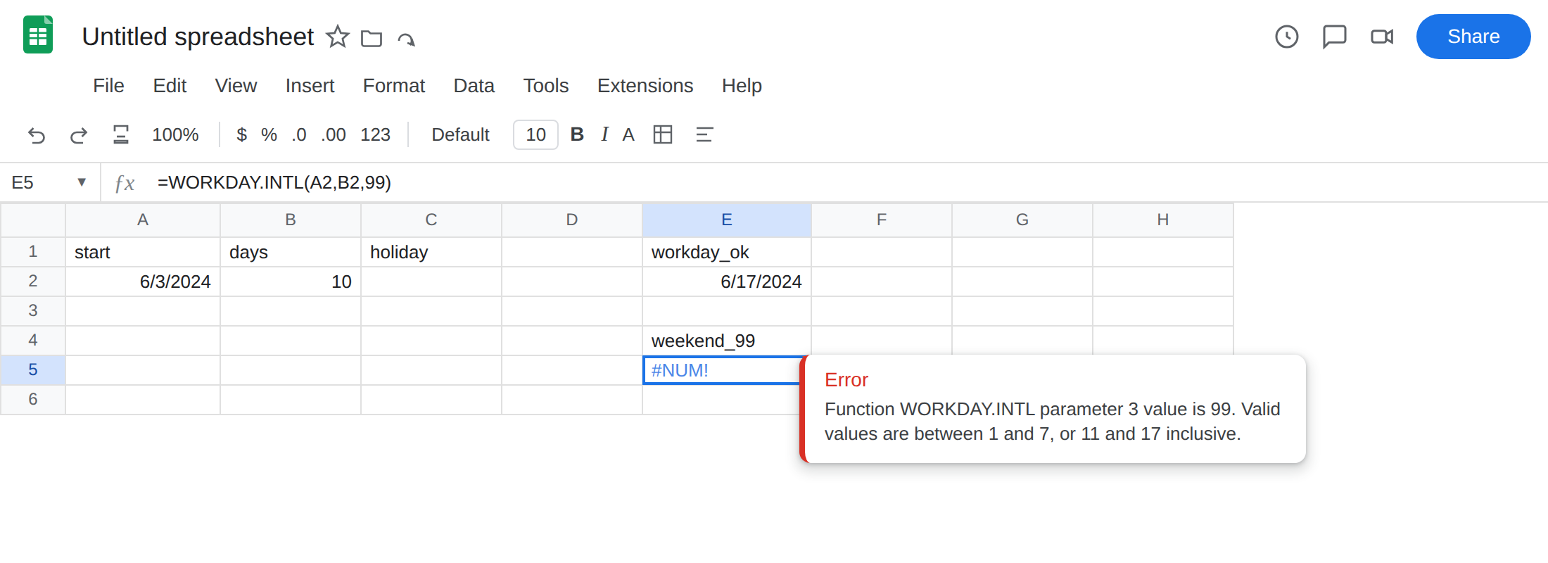 E5 selected. Formula bar shows =WORKDAY.INTL(A2,B2,99). E5 is #NUM!. Tooltip: Function WORKDAY.INTL parameter 3 value is 99. Valid values are between 1 and 7, or 11 and 17 inclusive. E2 is still 6/17/2024.