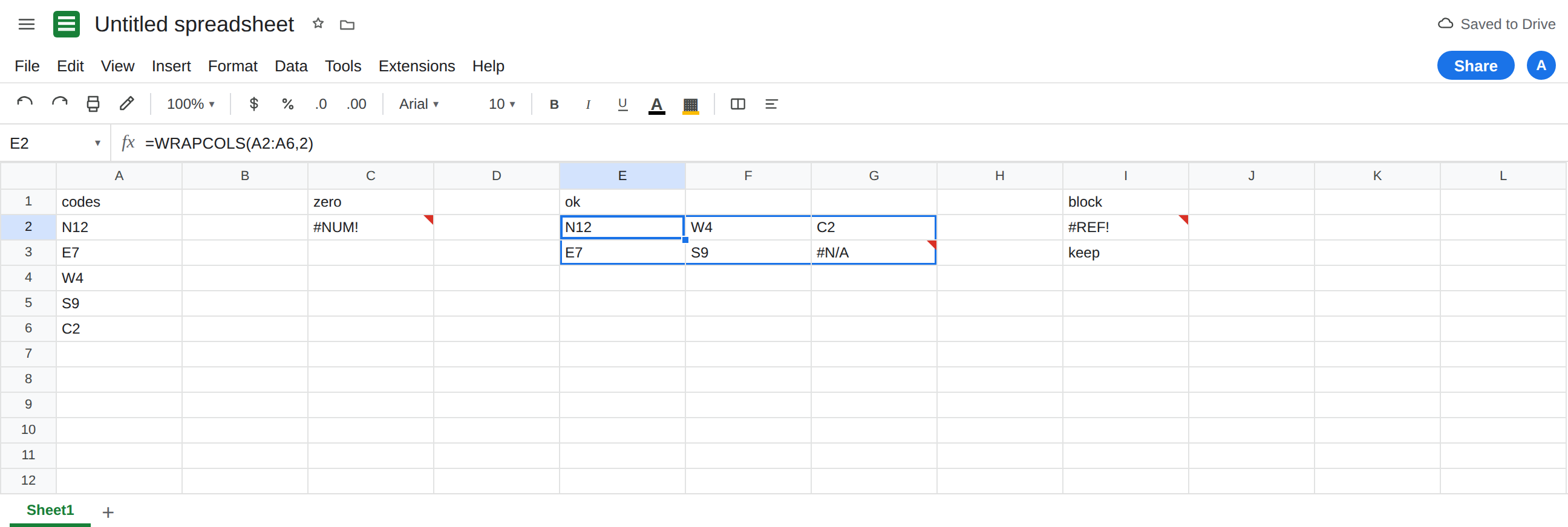 E2 selected. Formula bar shows =WRAPCOLS(A2:A6,2). Spill is N12 over E7, W4 over S9, C2 over #N/A, with no error triangle on E2. I2 is still #REF!. C2 is still #NUM!.