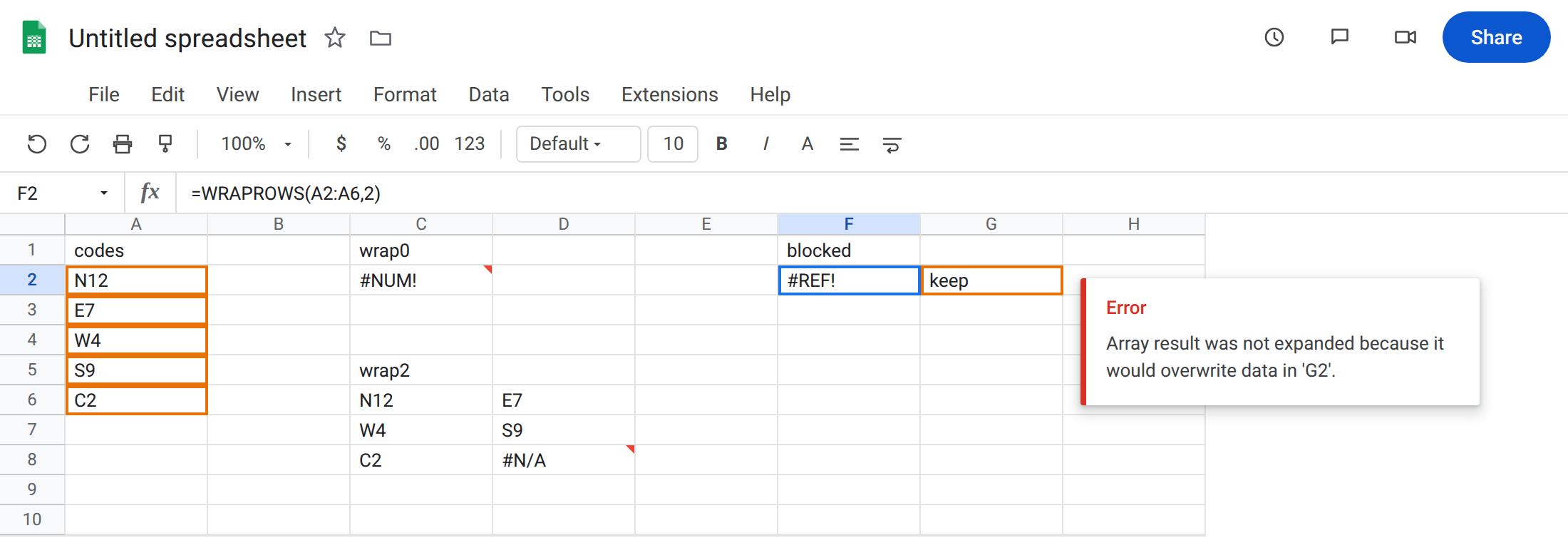 F2 selected. Formula bar shows =WRAPROWS(A2:A6,2). F2 is #REF!. Tooltip: Array result was not expanded because it would overwrite data in 'G2'. G2 is keep. C6:D8 is the working wrap.